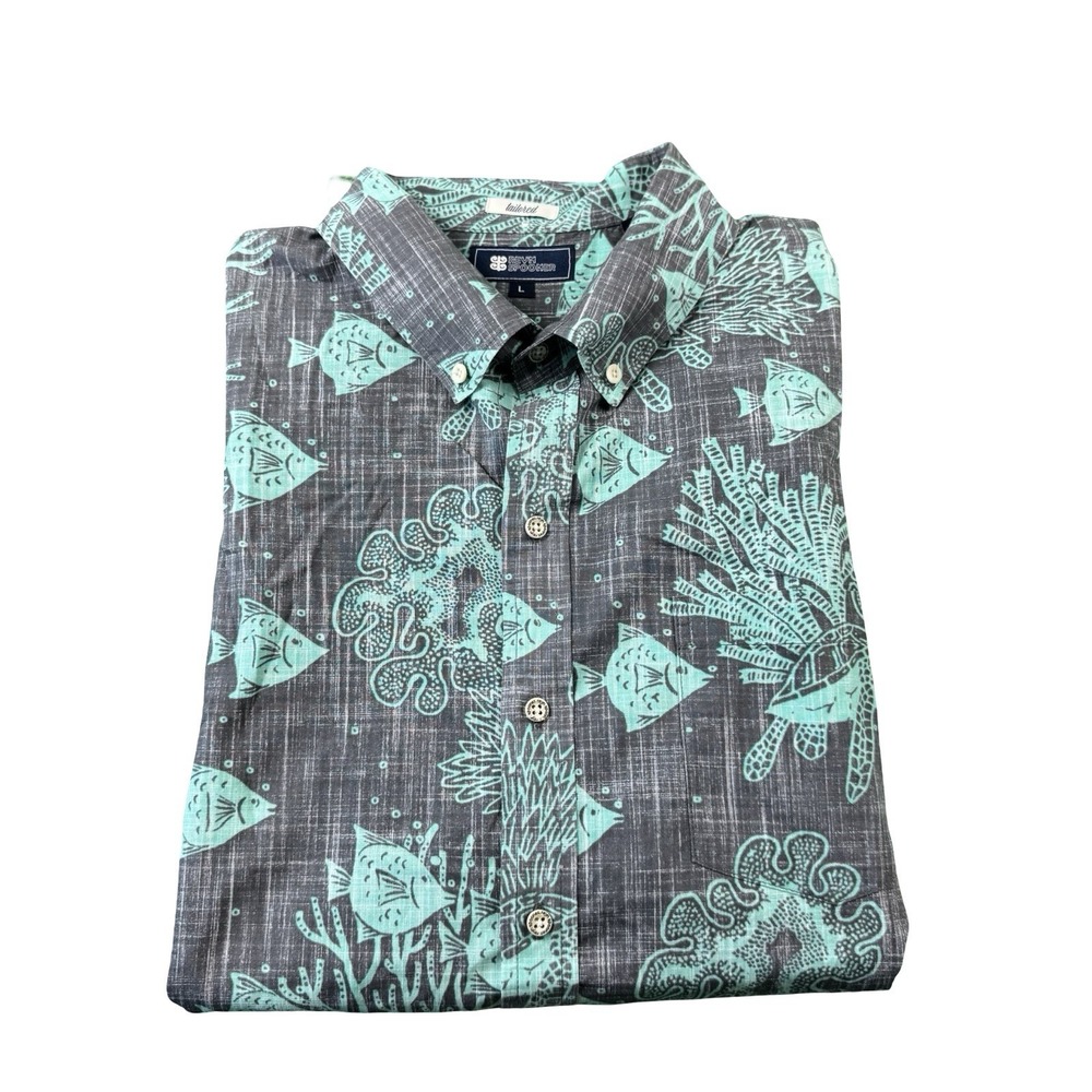 Reyn Spooner Mens Large Blue Gray Ocean Fish Hawaiian Cotton Button Front Shirt